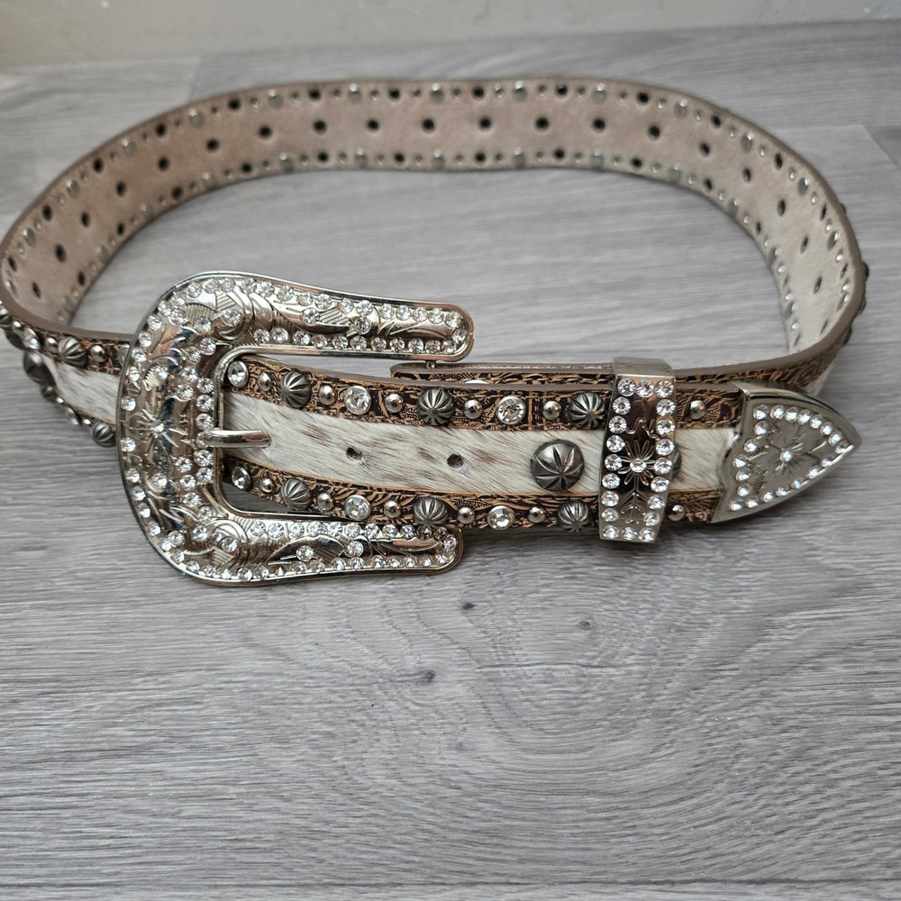 Angel Ranch Brown Leather Belt Small Western Rhinestone Cowhide Studded Cowgirl
